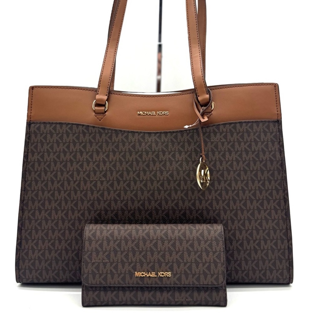 Michael Kors Jet Set Large Signature Logo Tote Bag & Trifold Wallet Matching Set